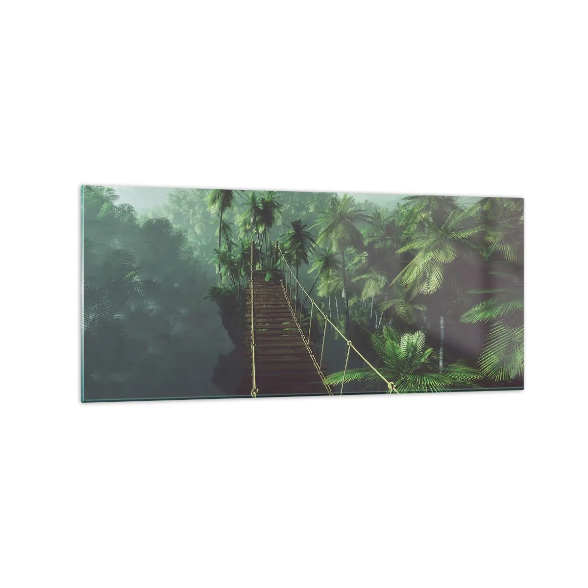 Glasbild - Bild auf glas - Eine Hängebrücke in einem tropischen Wald, umgeben von Nebel. - 120x50cm - Über der Brandung des Grüns - Moderne Wanddekoration für Wohnzimmer und Schlafzimmer ARTTOR