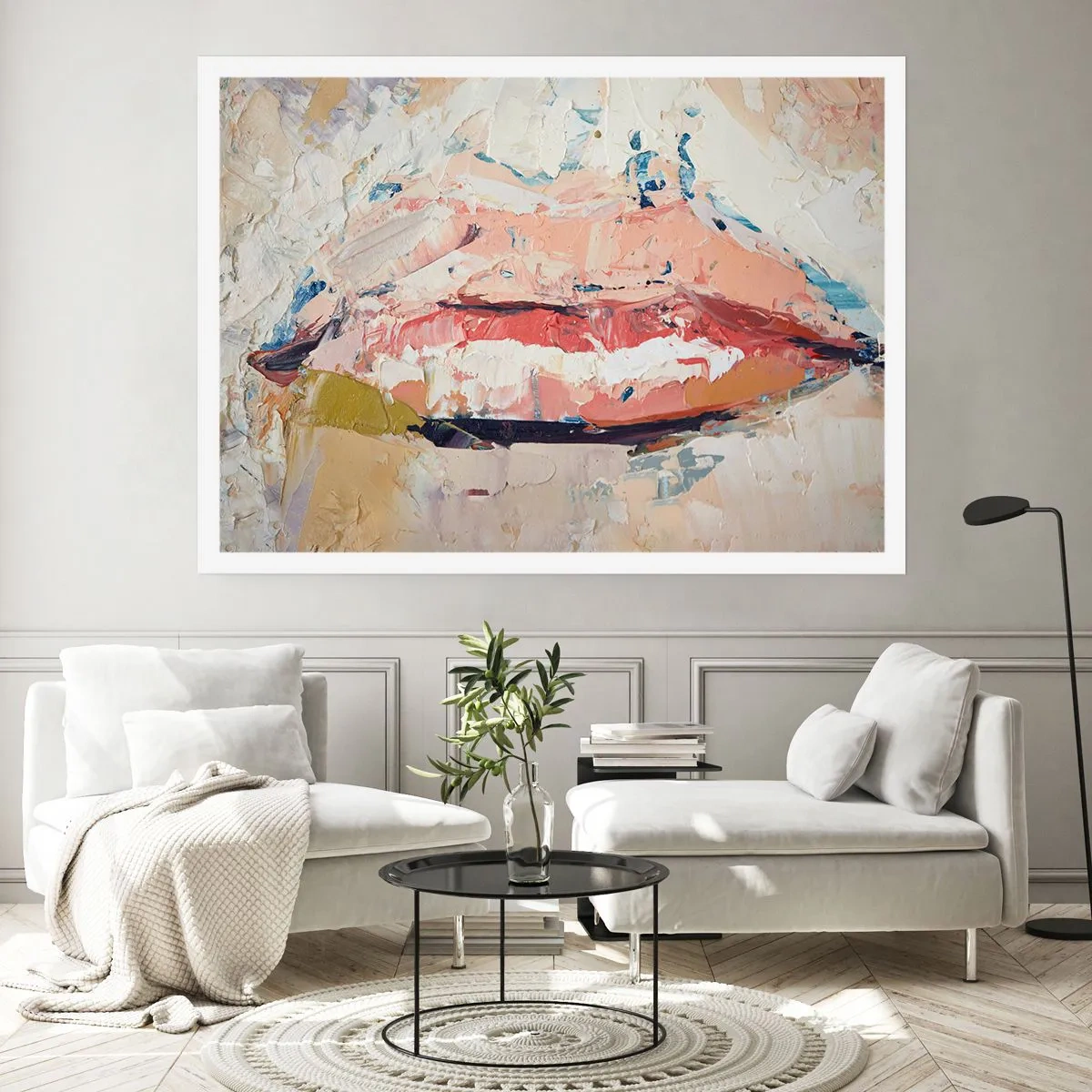 Poster - Eine abstrakte Komposition, die die Lippen einer Frau in Pastellfarben darstellt. - 100x70cm - Es weckt die Sinne - Moderne Wanddekoration für Wohnzimmer und Schlafzimmer ARTTOR