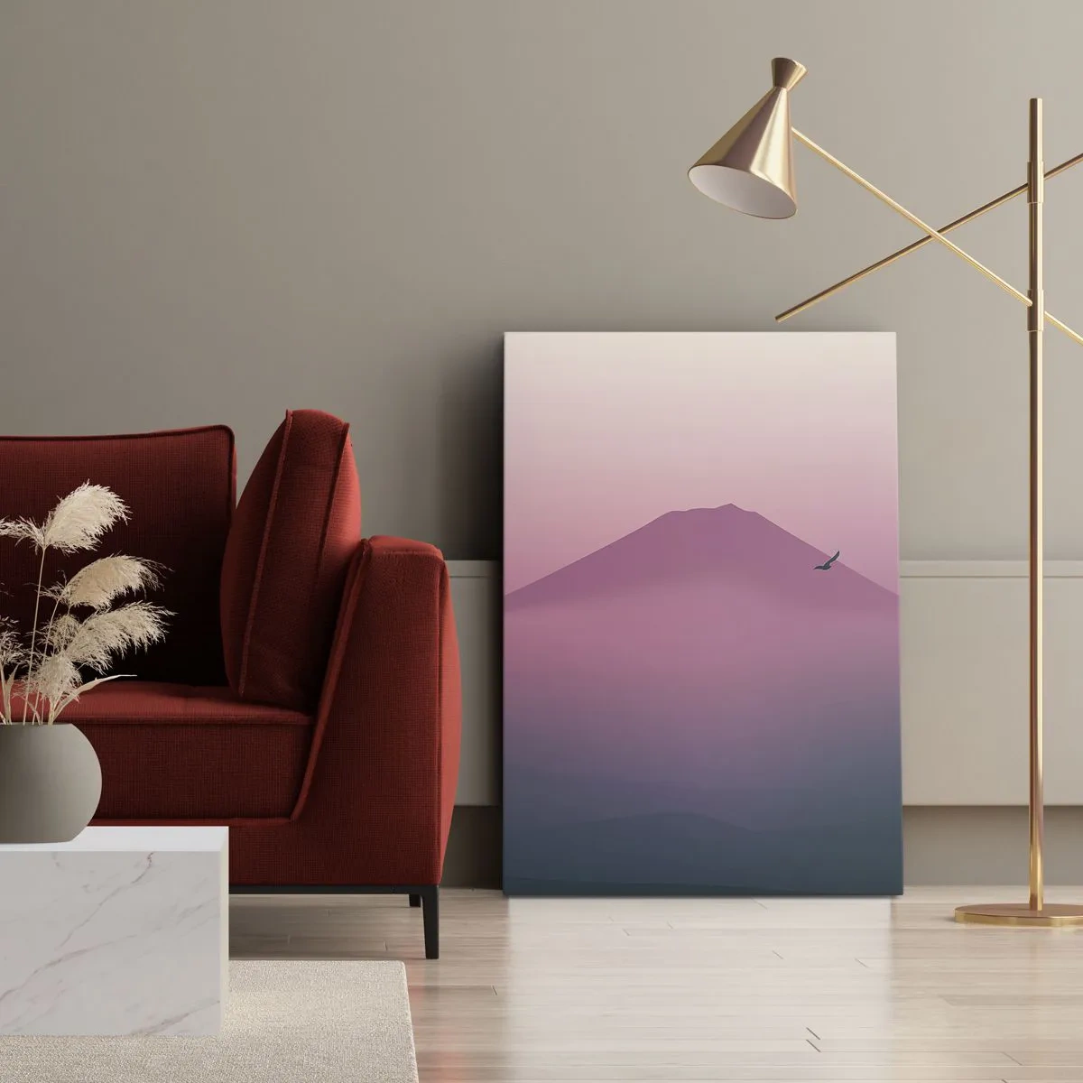 Bild auf Leinwand - Leinwandbild - Eine minimalistische Landschaft mit einem Berg und Vögeln bei Sonnenaufgang - 70x100cm - Wanderer über den Wolken - Moderne Wanddekoration für Wohnzimmer und Schlafzimmer ARTTOR