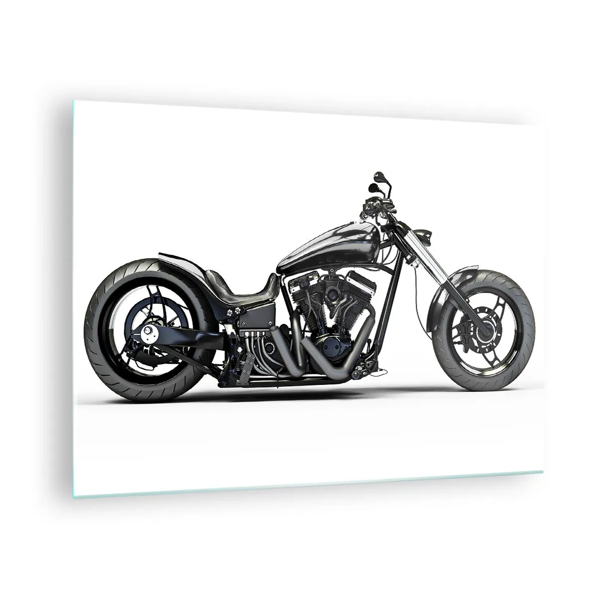 Glasbild - Bild auf glas - Schwarzes Custom-Motorrad auf weißem Hintergrund - 70x50cm - Für alle, die die Freiheit lieben - Moderne Wanddekoration für Wohnzimmer und Schlafzimmer ARTTOR