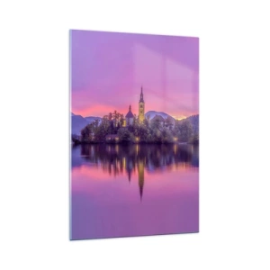 Glasbild - Bild auf glas - See mit einer Insel und einer Kirche bei Sonnenuntergang - 70x100cm - Eine märchenhafte Insel in der Abenddämmerung - Moderne Wanddekoration für Wohnzimmer und Schlafzimmer ARTTOR