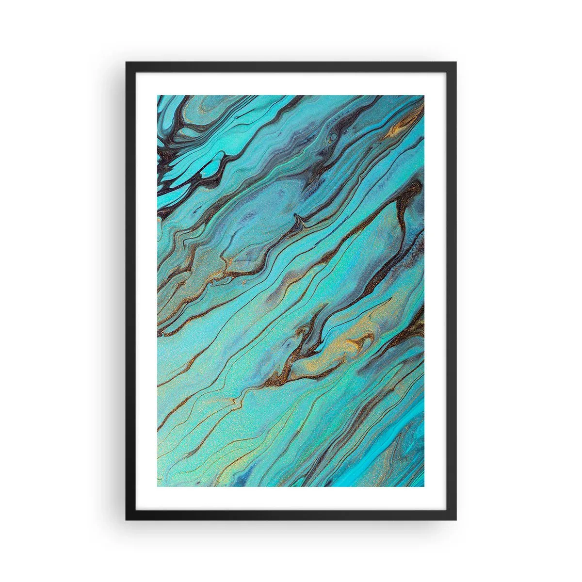 Poster in einem schwarzem Rahmen - Abstrakte Muster in Türkis- und Goldtönen - 50x70cm - Türkisfarbene Flut - Moderne Wanddekoration für Wohnzimmer und Schlafzimmer ARTTOR