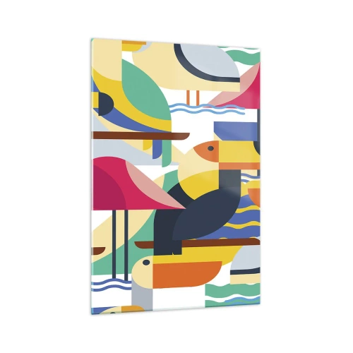 Glasbild - Bild auf glas - Bunte Vögel in einer abstrakten, geometrischen Komposition - 70x100cm - Vogelparty - Moderne Wanddekoration für Wohnzimmer und Schlafzimmer ARTTOR