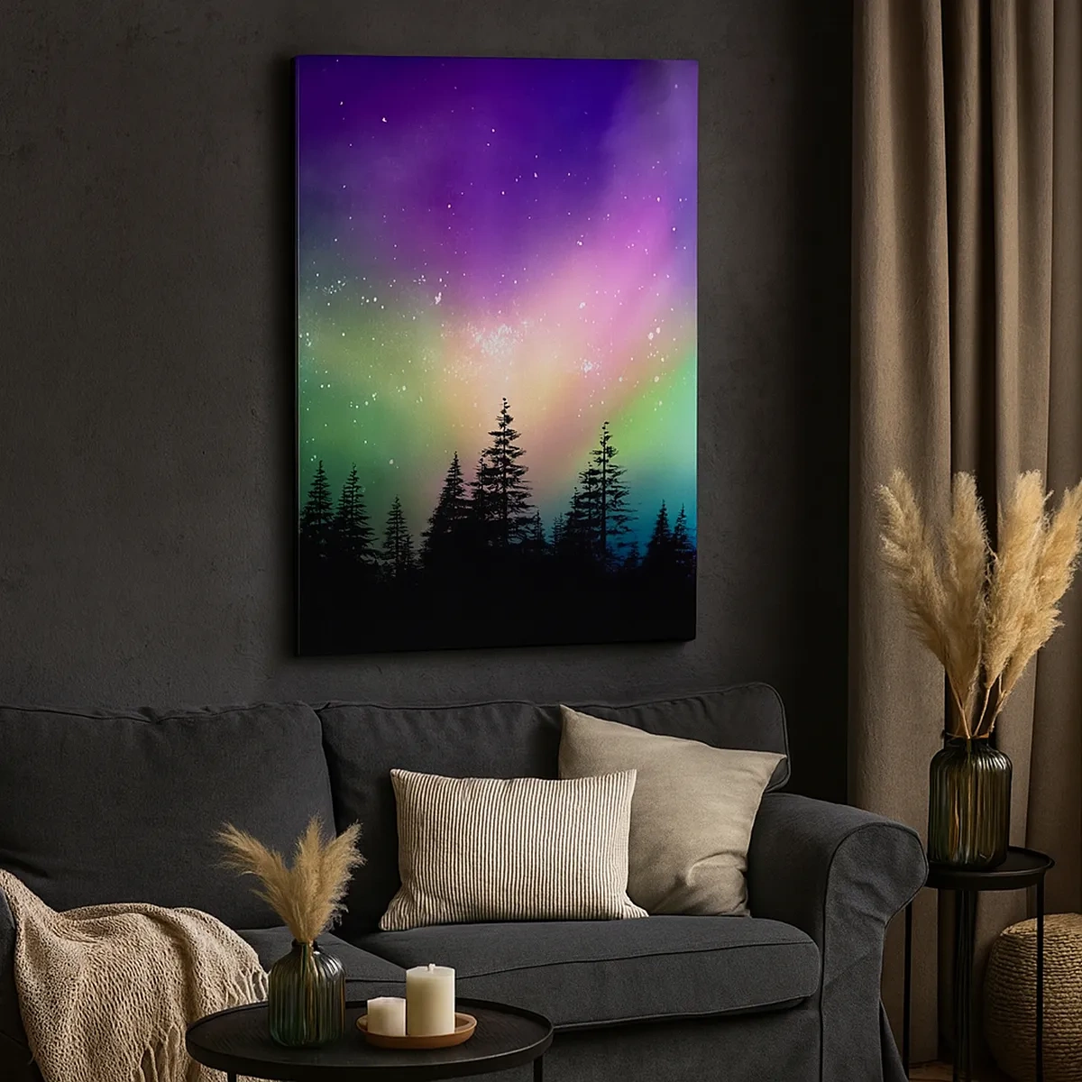 Bild auf Leinwand - Leinwandbild - Aurora Borealis über einem Wald mit Sternenhimmel - 50x70cm - weiße Magie - Moderne Wanddekoration für Wohnzimmer und Schlafzimmer ARTTOR