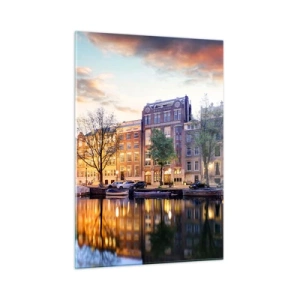 Glasbild - Bild auf glas - Amsterdamer Kanal bei Sonnenuntergang mit Spiegelbild im Wasser - 50x70cm - Zurückhaltende und gelassene niederländische Schönheit - Moderne Wanddekoration für Wohnzimmer und Schlafzimmer ARTTOR