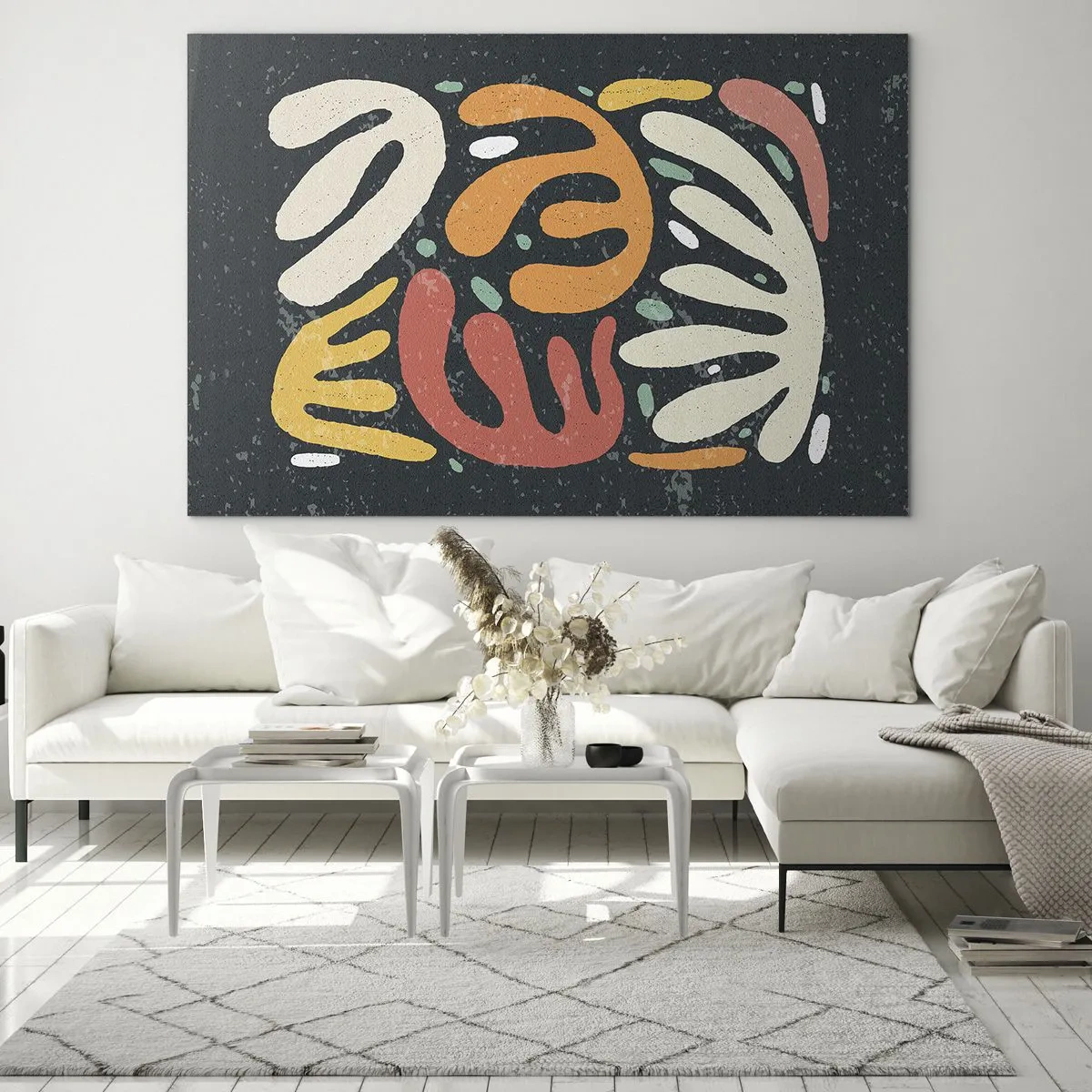 Glasbild - Bild auf glas - Bunte organische Formen auf dunklem Hintergrund im abstrakten Stil. - 70x50cm - Komposition – Ich erwische dich gleich - Moderne Wanddekoration für Wohnzimmer und Schlafzimmer ARTTOR