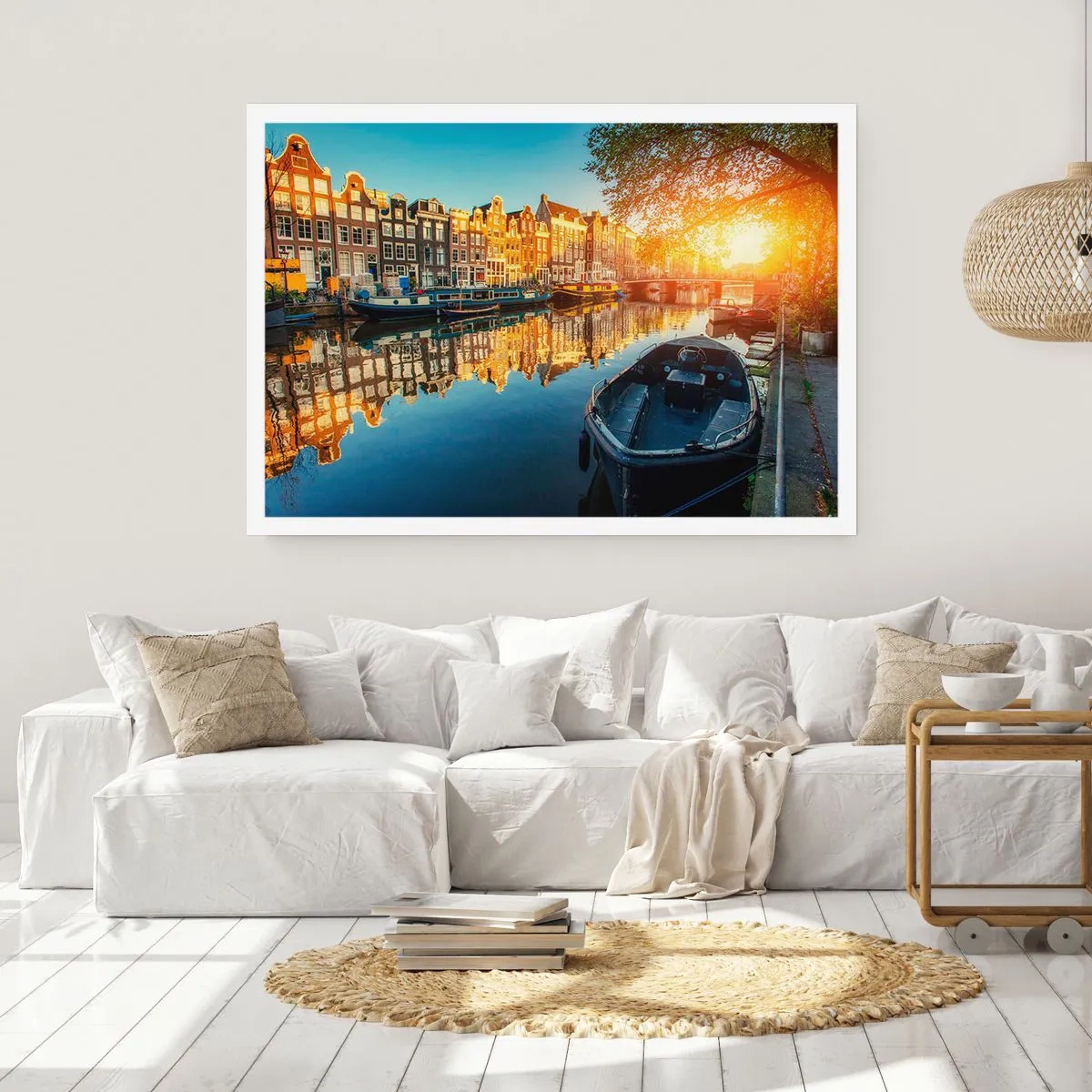 Poster - Amsterdamer Kanal bei Sonnenuntergang - 100x70cm - Morgen in Amsterdam - Moderne Wanddekoration für Wohnzimmer und Schlafzimmer ARTTOR