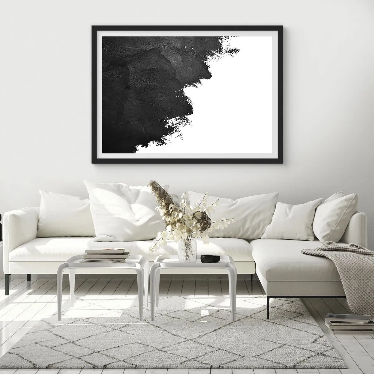 Poster in einem schwarzem Rahmen - Schwarz-Weiß-Abstraktion mit kontrastierenden Pinselstrichen - 70x50cm - Elemente: Erde - Moderne Wanddekoration für Wohnzimmer und Schlafzimmer ARTTOR