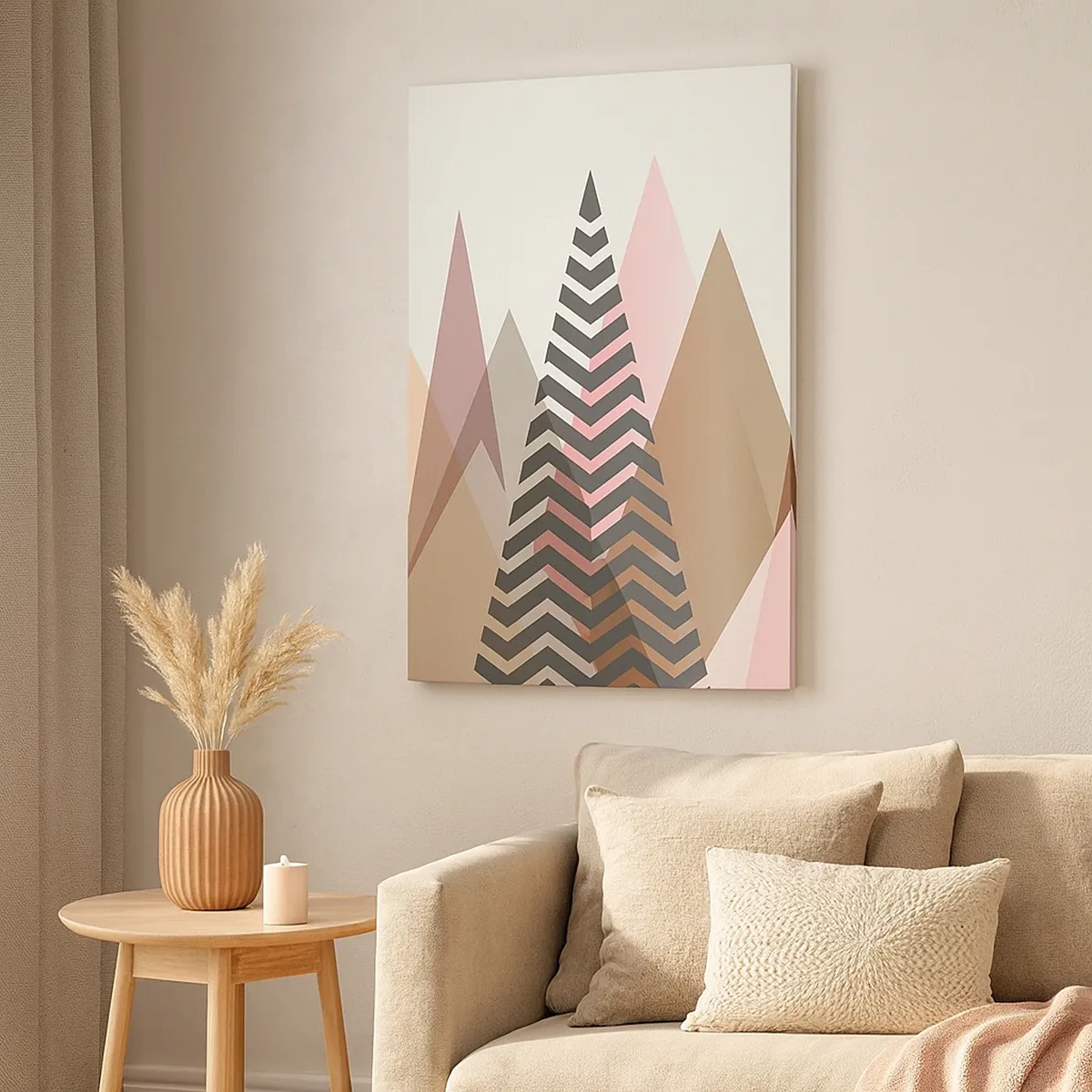 Bild auf Leinwand - Leinwandbild - Bunte geometrische Berge in Pastelltönen - 50x70cm - Pyramidale Aussicht - Moderne Wanddekoration für Wohnzimmer und Schlafzimmer ARTTOR
