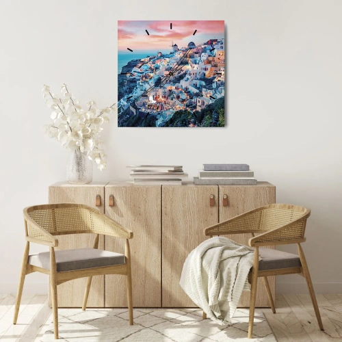 Wanduhr - Glasuhr - Santorini bei Sonnenuntergang mit weißen Gebäuden auf dem Hügel - 30x30cm - Dein toller griechischer Urlaub - Moderne Wanddekoration für Wohnzimmer und Schlafzimmer ARTTOR