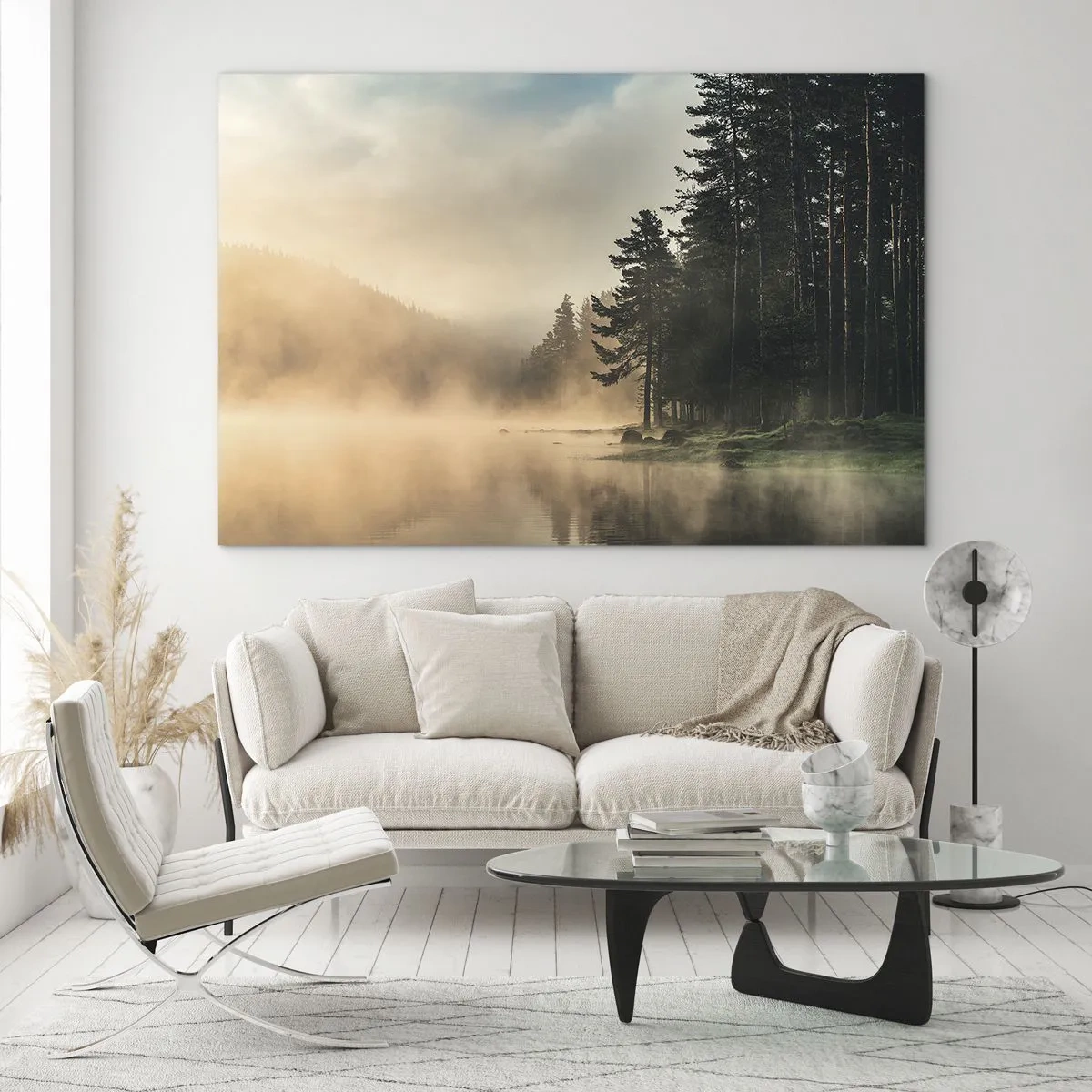 Glasbild - Bild auf glas - Ein nebliger Morgen über einem Waldsee - 120x80cm - Die Geburt des Tages - Moderne Wanddekoration für Wohnzimmer und Schlafzimmer ARTTOR