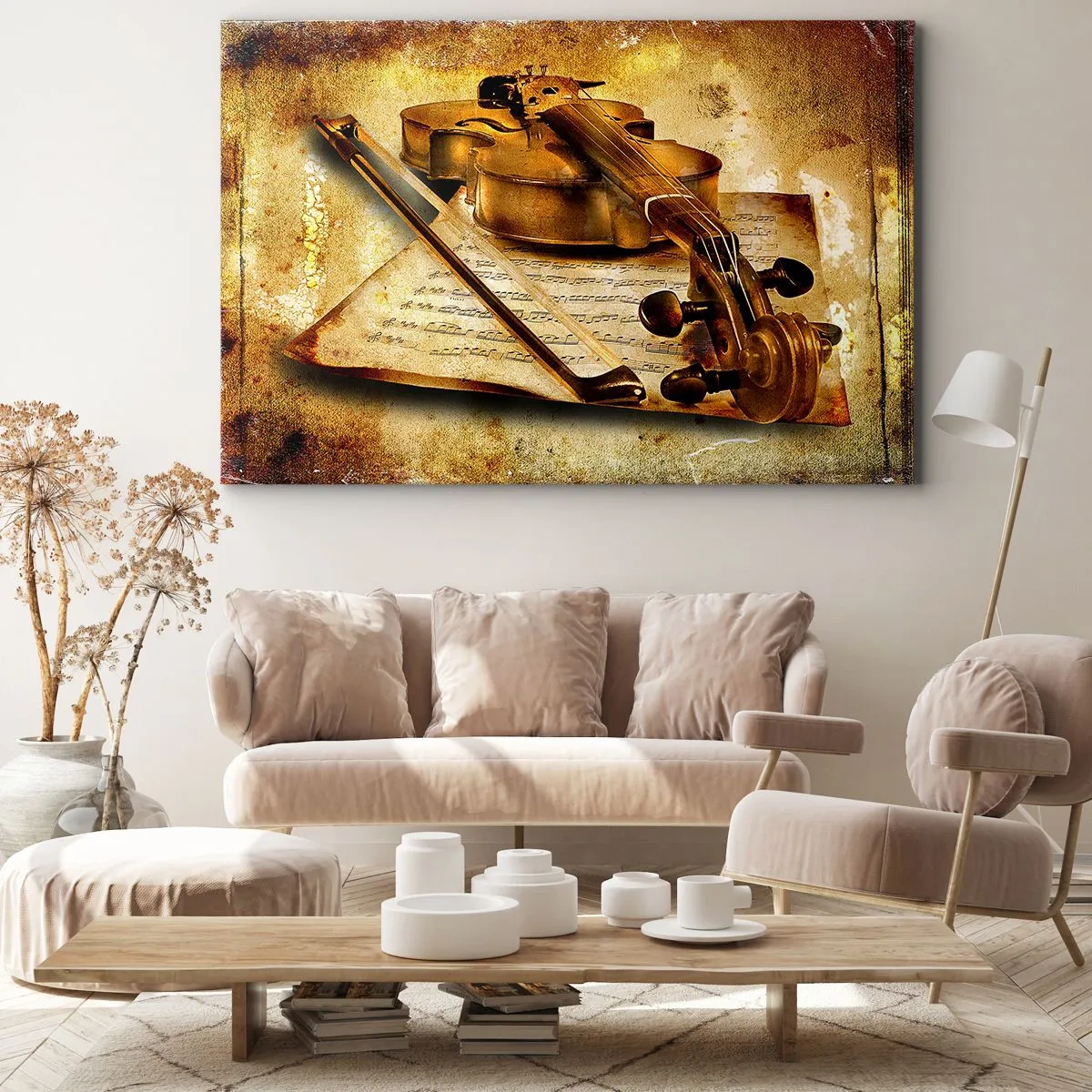 Bild auf Leinwand - Leinwandbild - Eine Geige mit Notenblättern vor einem Vintage-Hintergrund in warmen Tönen - 120x80cm - Ein Virtuose dringend benötigt - Moderne Wanddekoration für Wohnzimmer und Schlafzimmer ARTTOR