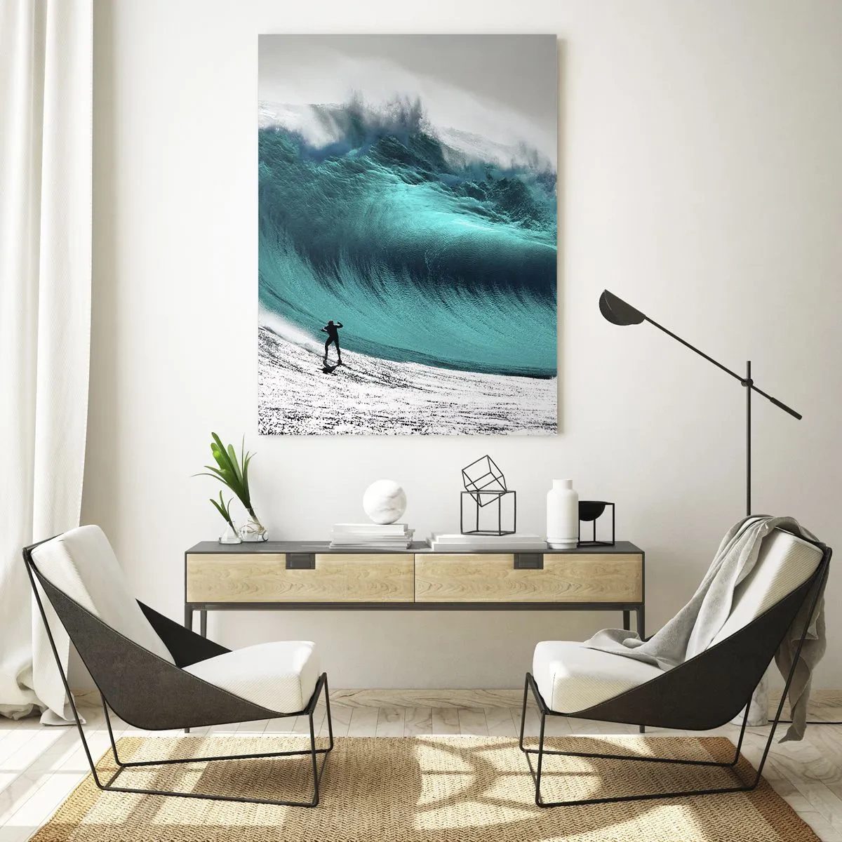 Glasbild - Bild auf glas - Ein Surfer vor einer riesigen Welle - 50x70cm - Herausforderung angenommen - Moderne Wanddekoration für Wohnzimmer und Schlafzimmer ARTTOR