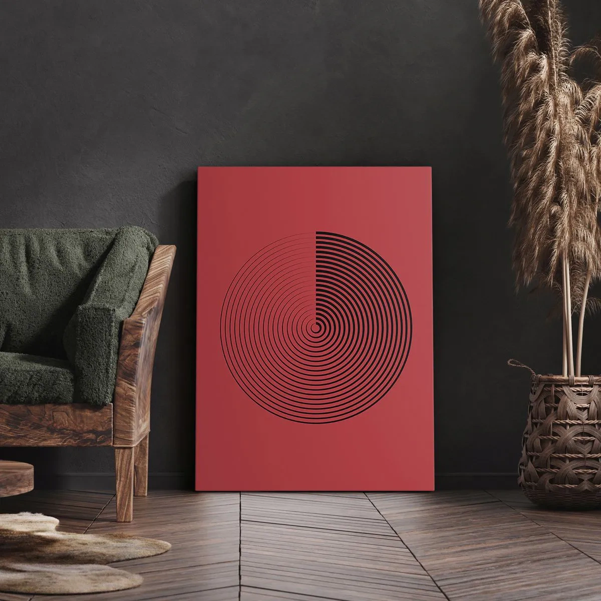Bild auf Leinwand - Leinwandbild - Konzentrische Kreise auf rotem Hintergrund - 80x120cm - Kreisbewegung - Moderne Wanddekoration für Wohnzimmer und Schlafzimmer ARTTOR