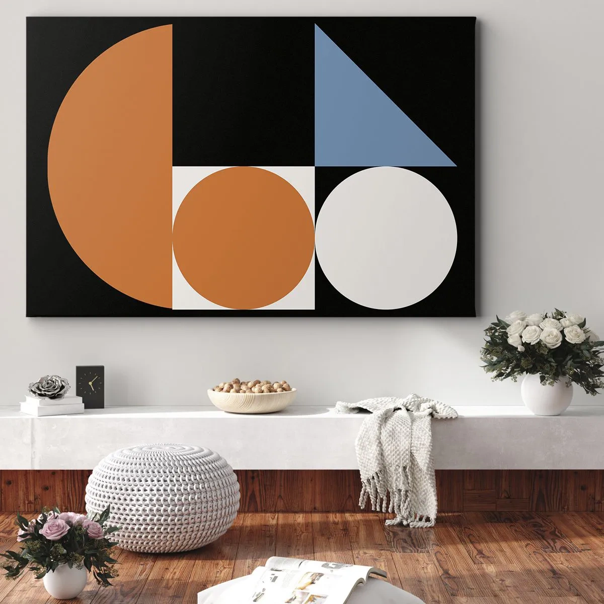 Bild auf Leinwand - Leinwandbild - Geometrisches Muster mit bunten Formen auf schwarzem Hintergrund - 70x50cm - Bebilderte Anordnung - Moderne Wanddekoration für Wohnzimmer und Schlafzimmer ARTTOR