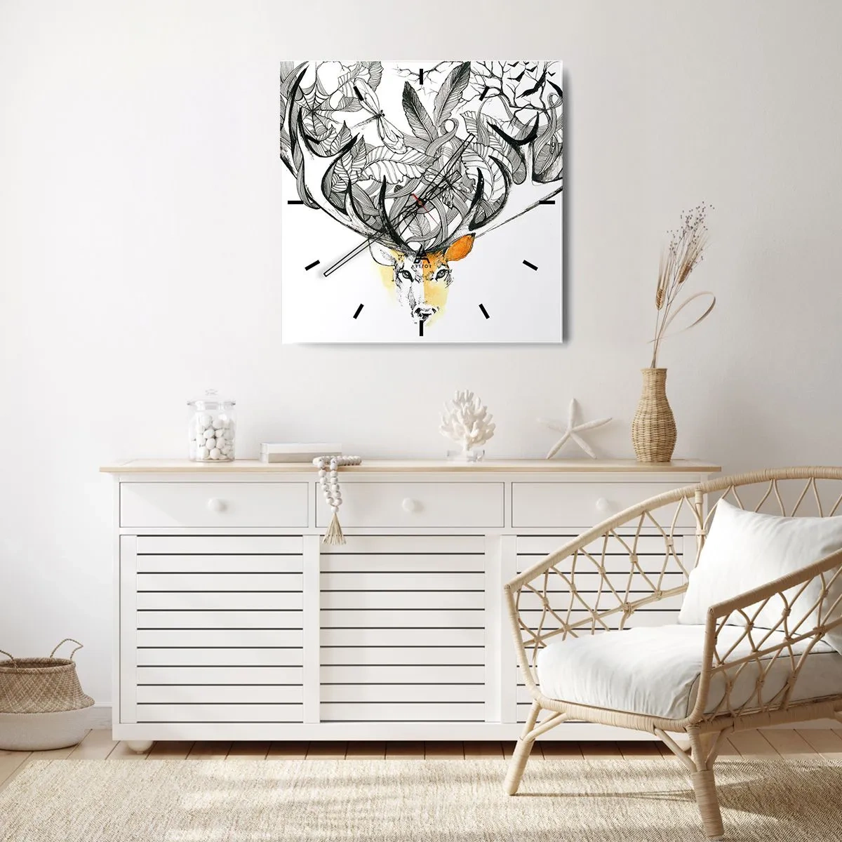 Wanduhr - Glasuhr - Dezente Hirschgrafik mit dekorativem Geweih - 30x30cm - Ecken des Überflusses - Moderne Wanddekoration für Wohnzimmer und Schlafzimmer ARTTOR