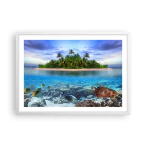 Poster in einem weißen Rahmen - Heavenly Island lädt dich ein - 70x50 cm