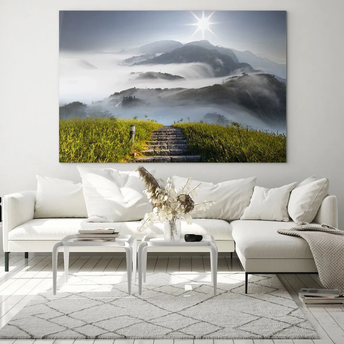 Glasbild - Bild auf glas - Berglandschaft mit Nebel und Treppen zum Gipfel - 70x50cm - Immer noch den Wolken entgegen - Moderne Wanddekoration für Wohnzimmer und Schlafzimmer ARTTOR