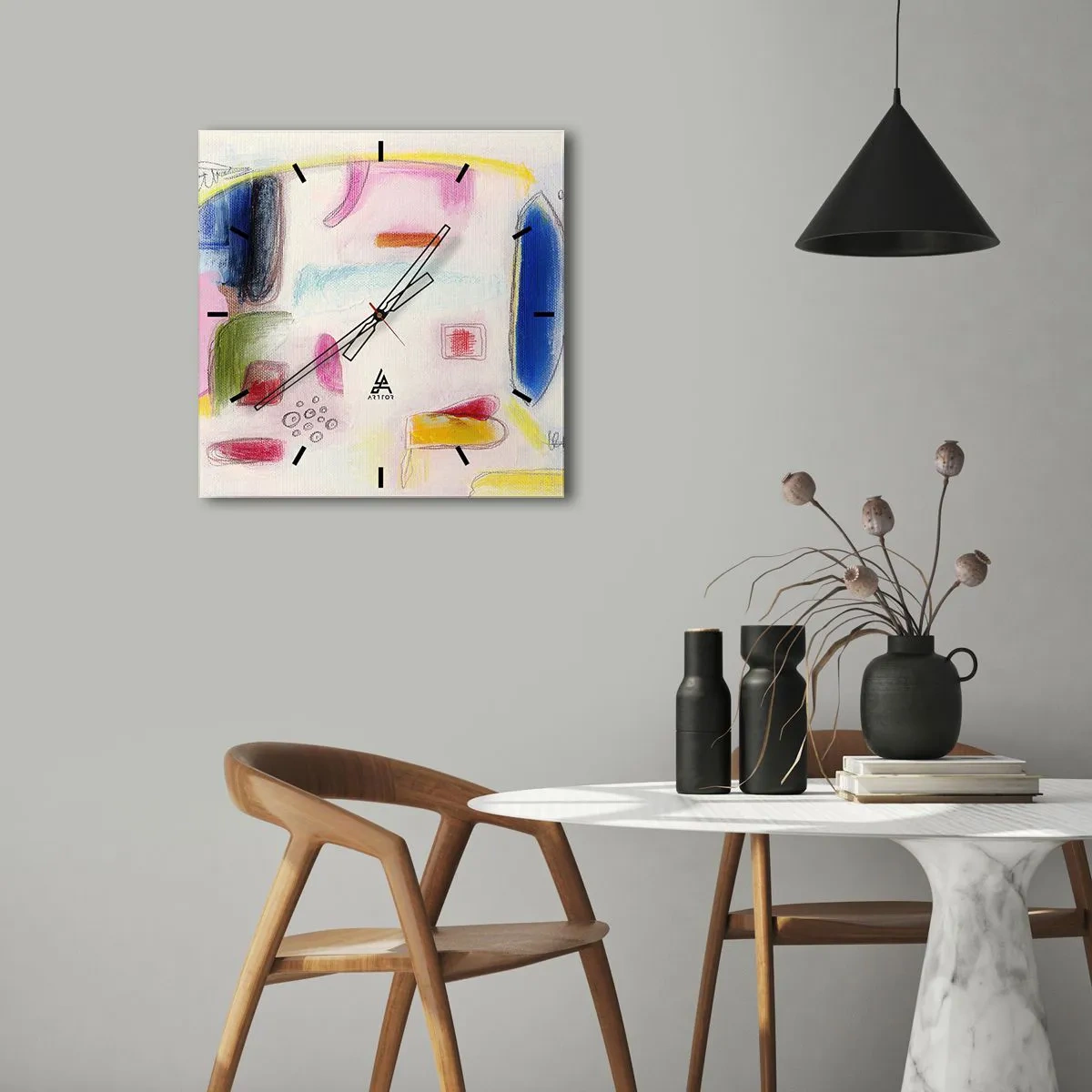 Wanduhr - Glasuhr - Bunte abstrakte Formen auf hellem Hintergrund - 30x30cm - Eher konvex als konkav oder flach - Moderne Wanddekoration für Wohnzimmer und Schlafzimmer ARTTOR