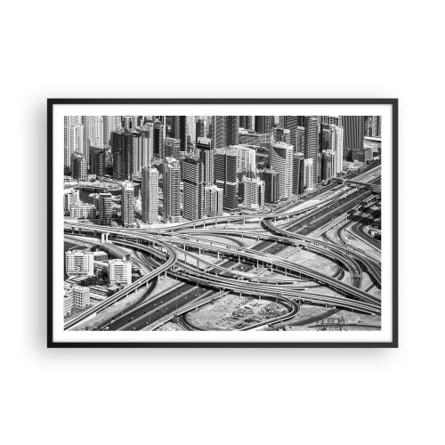 Poster in einem schwarzem Rahmen - Dubai aus der Vogelperspektive - 100x70cm - Dubai - die unmögliche Stadt - Moderne Wanddekoration für Wohnzimmer und Schlafzimmer ARTTOR