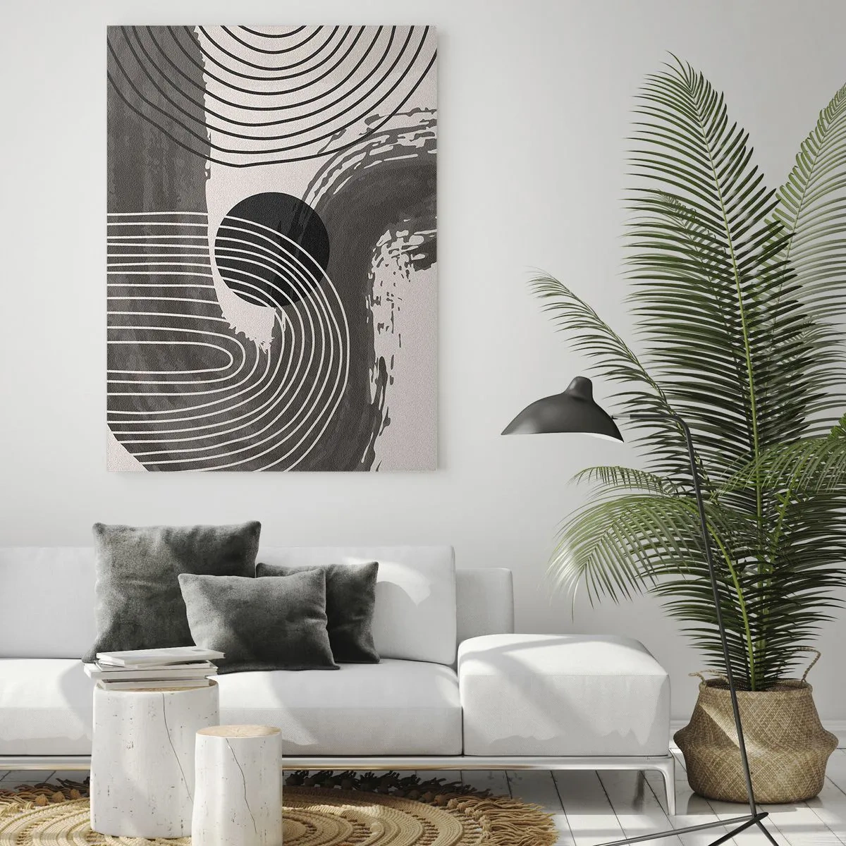 Glasbild - Bild auf glas - Moderne Abstraktion mit schwarzen und weißen Linien und einem Oval - 50x70cm - Oval gewinnt - Moderne Wanddekoration für Wohnzimmer und Schlafzimmer ARTTOR