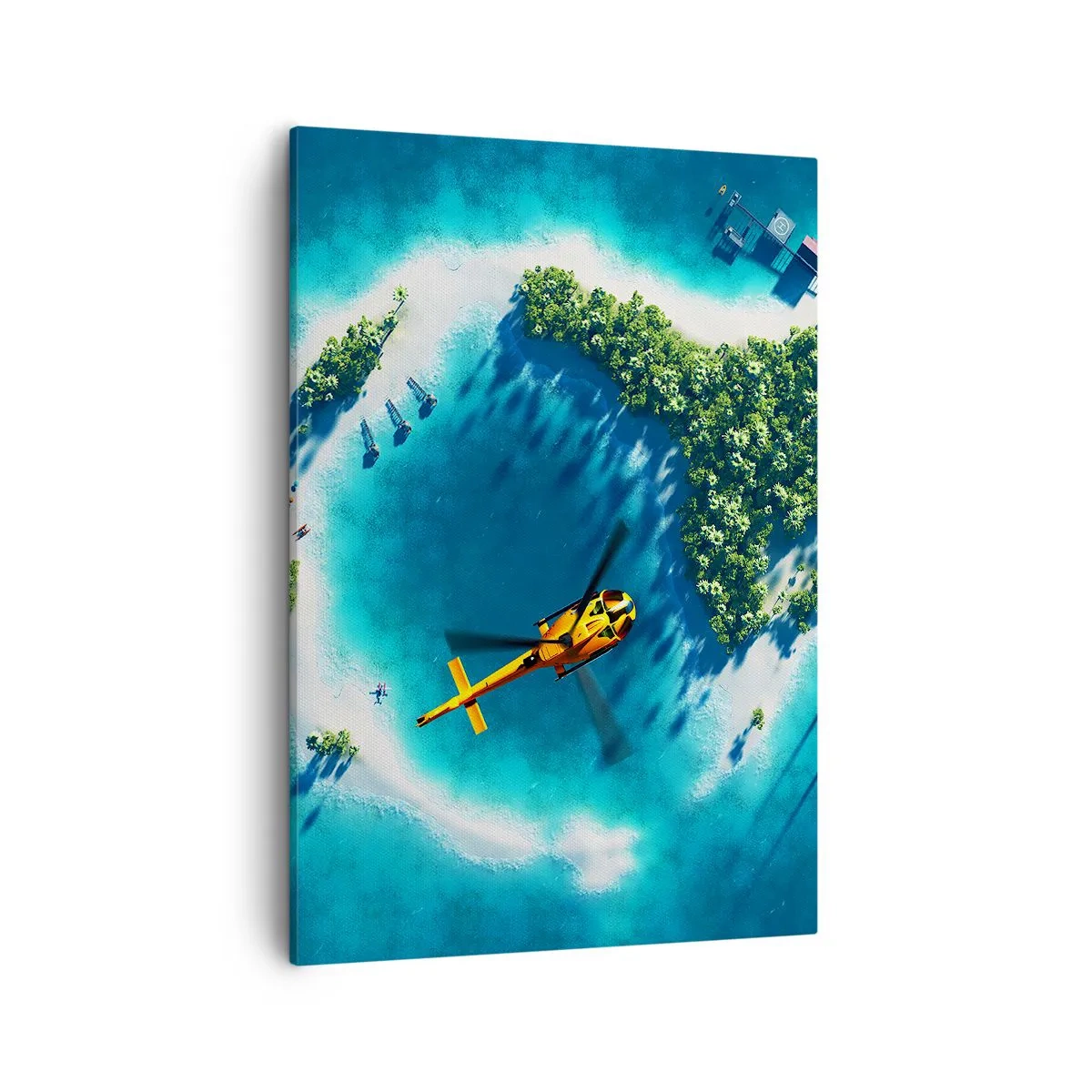 Bild auf Leinwand - Leinwandbild - Eine tropische Insel, umgeben von türkisfarbenem Wasser, mit einem Hubschrauber in Sicht - 50x70cm - Kauf dir eine Insel - Moderne Wanddekoration für Wohnzimmer und Schlafzimmer ARTTOR