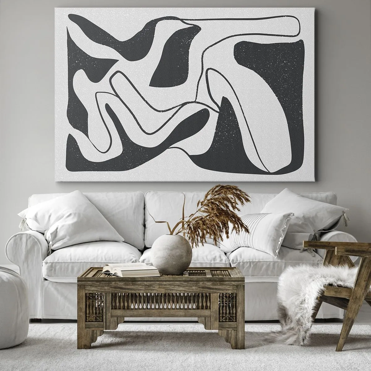 Bild auf Leinwand - Leinwandbild - Schwarz-Weiß-Abstraktion mit organischen Formen - 70x50cm - Abstraktes Spiel im Labyrinth - Moderne Wanddekoration für Wohnzimmer und Schlafzimmer ARTTOR