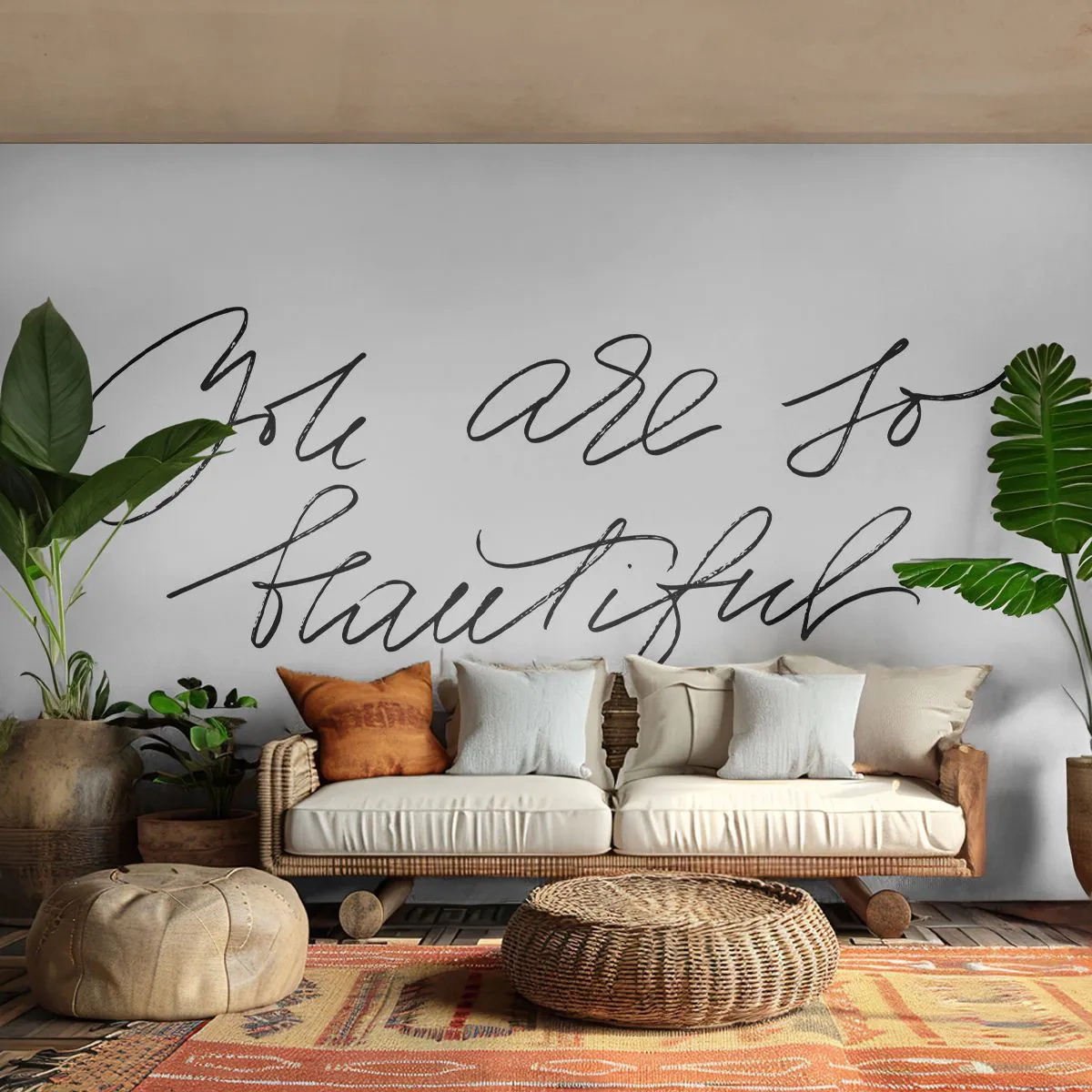 Fototapete Premium Sand - Das Zitat „Du bist so schön“ in eleganter Handschrift - 100x70cm - Glauben Sie wirklich ... - Moderne Wanddekoration für Wohnzimmer und Schlafzimmer ARTTOR