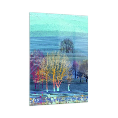 Glasbild - Bild auf glas - Eine farbenfrohe Landschaft mit Bäumen vor einem Hintergrund in Blautönen - 50x70cm - Eine gekämmte Landschaft - Moderne Wanddekoration für Wohnzimmer und Schlafzimmer ARTTOR
