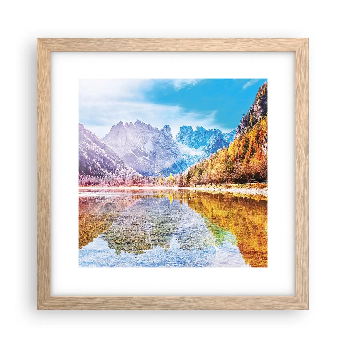 Poster in einem Rahmen aus heller Eiche - Und in den Bergen ist es schon Herbst - 30x30 cm