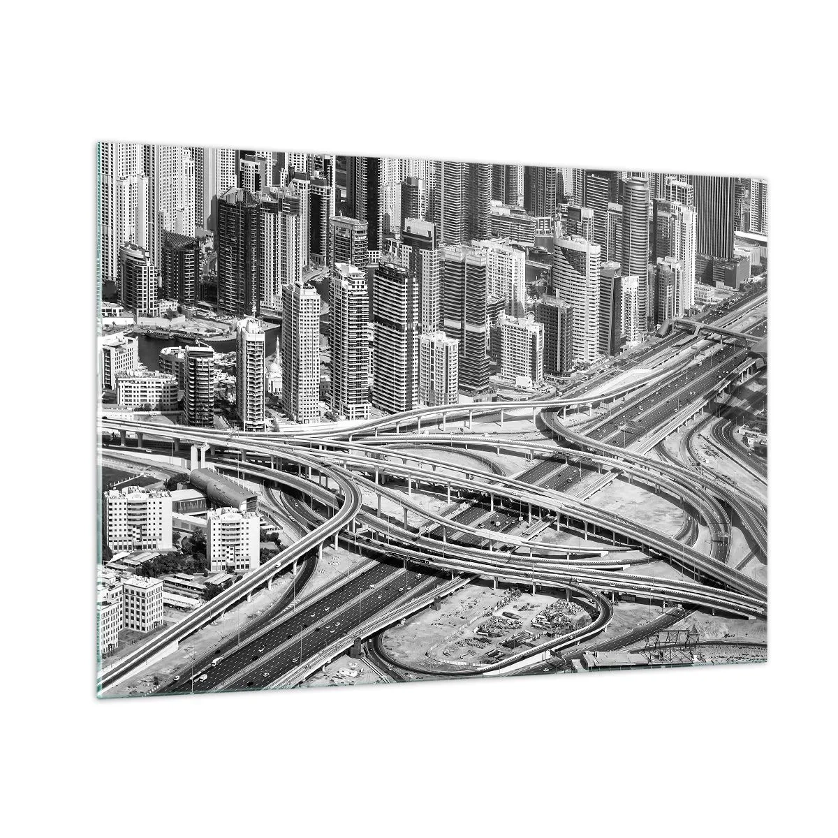 Glasbild - Bild auf glas - Schwarz-Weiß-Panorama der Stadt mit Autobahnkreuz - 100x70cm - Dubai - die unmögliche Stadt - Moderne Wanddekoration für Wohnzimmer und Schlafzimmer ARTTOR