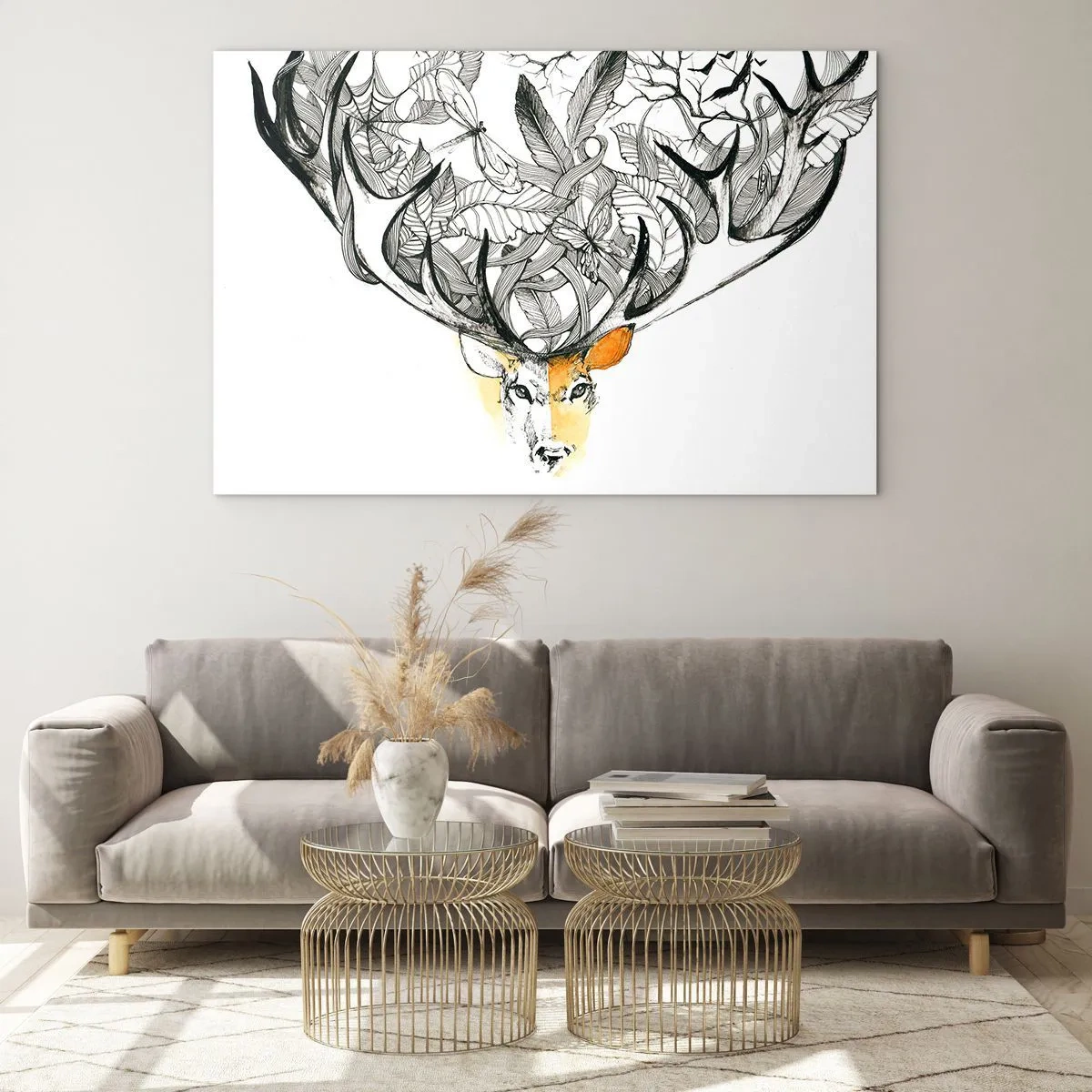 Glasbild - Bild auf glas - Zeichnung eines Hirsches mit ausgefallenem Geweih - 120x80cm - Ecken des Überflusses - Moderne Wanddekoration für Wohnzimmer und Schlafzimmer ARTTOR