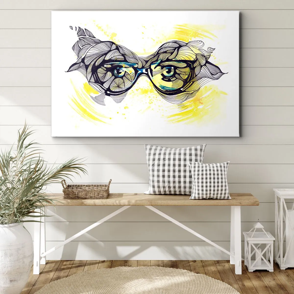 Bild auf Leinwand - Leinwandbild - Künstlerische Grafik einer Brille mit ausdrucksstarken Augen - 120x80cm - Durch blaue Brille - Moderne Wanddekoration für Wohnzimmer und Schlafzimmer ARTTOR