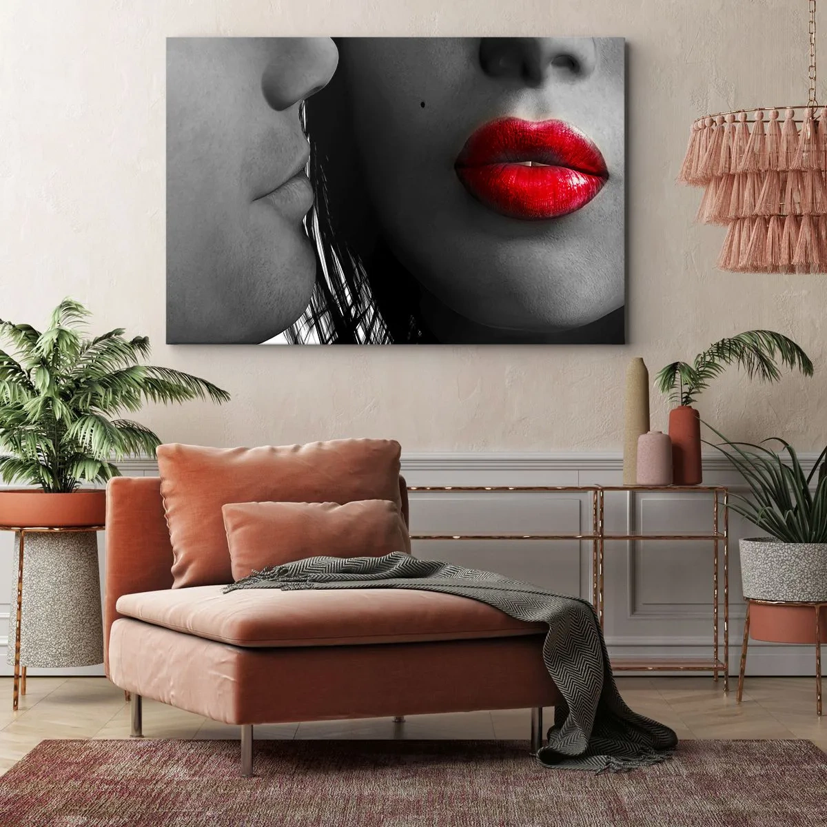 Bild auf Leinwand - Leinwandbild - Nahaufnahme der Gesichter einer Frau und eines Mannes mit roten Lippen. - 120x80cm - Gesicht am Gesicht - Moderne Wanddekoration für Wohnzimmer und Schlafzimmer ARTTOR