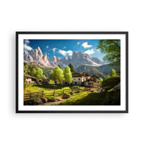 Poster in einem schwarzem Rahmen - Ein Bergdorf mit Häusern und Blick auf die Alpen - 70x50cm - Alpenidylle - Moderne Wanddekoration für Wohnzimmer und Schlafzimmer ARTTOR