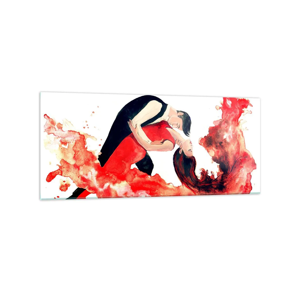 Glasbild - Bild auf glas - Ein dynamisches Aquarellgemälde eines tanzenden Paares in roten Farben. - 120x50cm - Tango - eine sinnliche Welle - Moderne Wanddekoration für Wohnzimmer und Schlafzimmer ARTTOR