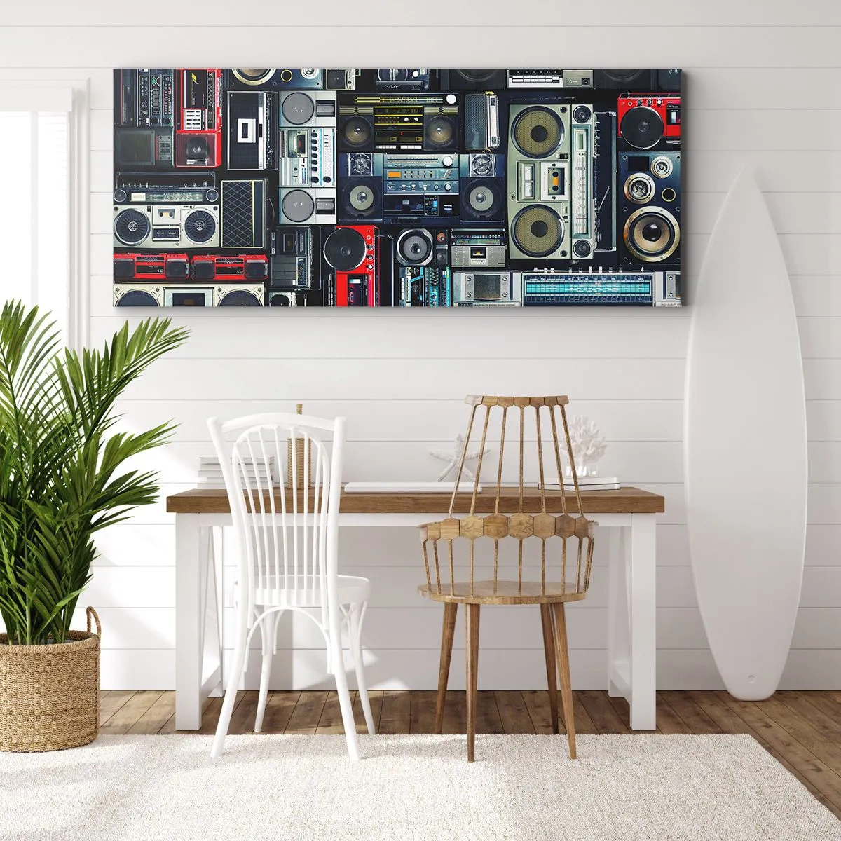 Bild auf Leinwand - Leinwandbild - Eine Collage aus Retro-Tonbandgeräten und Vintage-Lautsprechern. - 120x50cm - Sehnsucht nach den 1980er Jahren - Moderne Wanddekoration für Wohnzimmer und Schlafzimmer ARTTOR