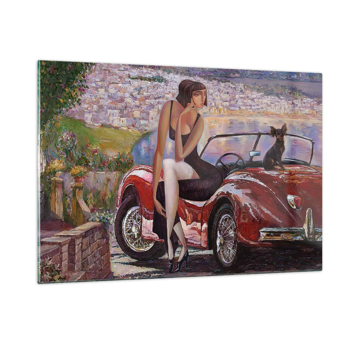 Glasbild - Bild auf glas - Eine Frau und ein Hund neben einem roten Auto mit einer Landschaft im Hintergrund. - 120x80cm - Sommer? Nur an der Riviera - Moderne Wanddekoration für Wohnzimmer und Schlafzimmer ARTTOR