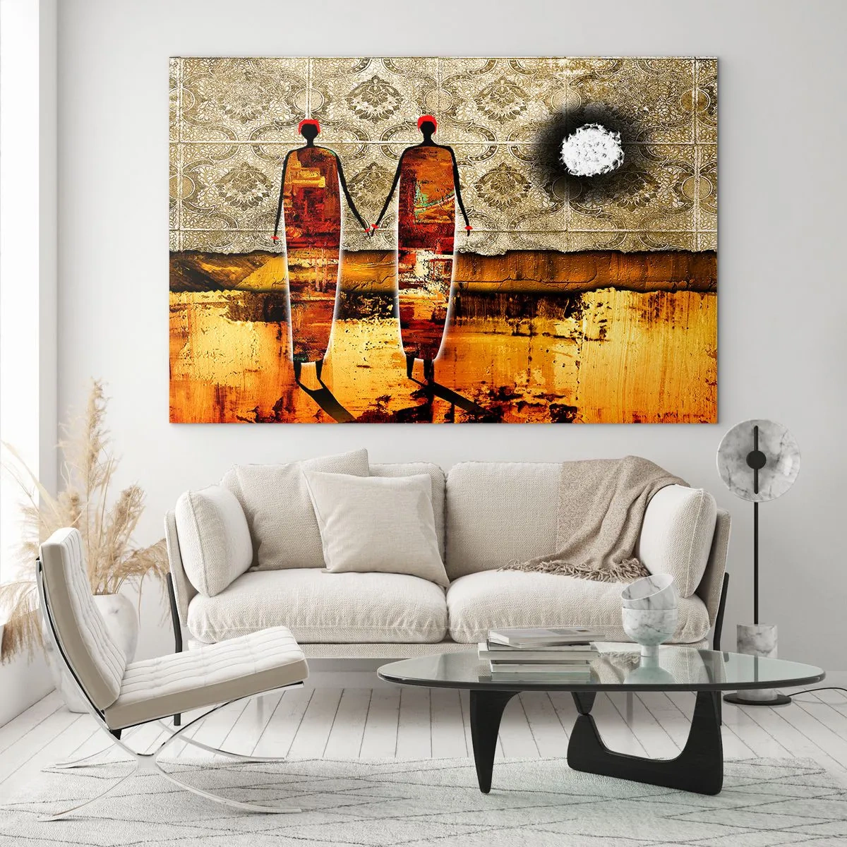Glasbild - Bild auf glas - Zwei abstrakte Figuren vor einem Hintergrund aus Ornamenten und goldenen Farbtönen - 70x50cm - Ethnische Zusammensetzung in den Farben Afrikas - Moderne Wanddekoration für Wohnzimmer und Schlafzimmer ARTTOR