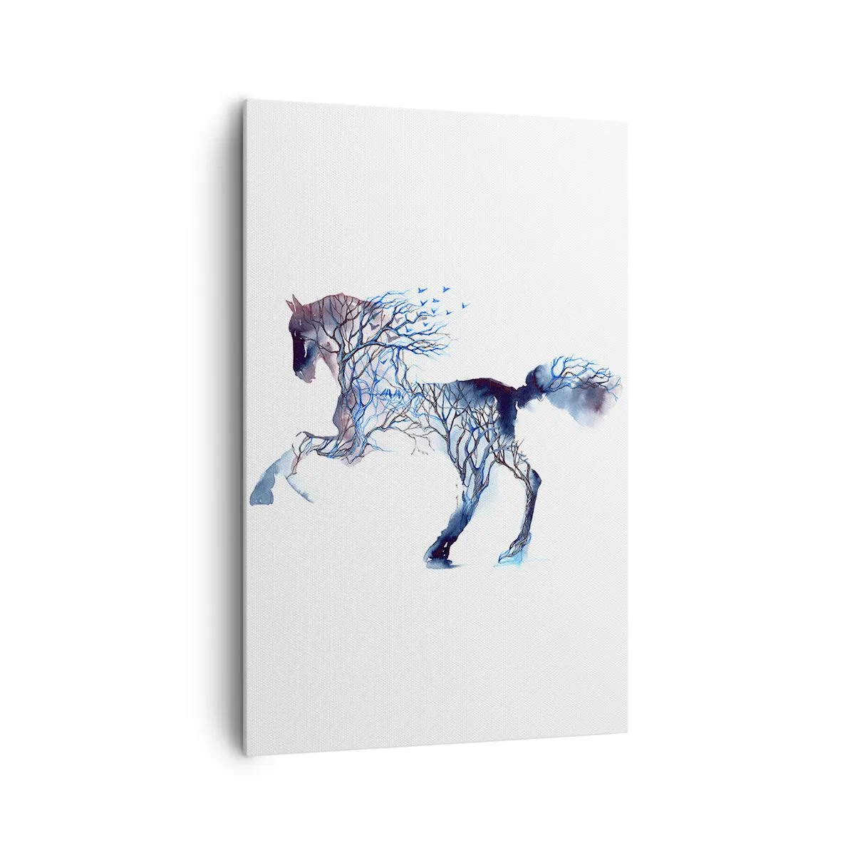 Bild auf Leinwand - Leinwandbild - Künstlerische Pferdegrafik mit Baum- und Vogelmotiven - 80x120cm - Und als wäre der Wald umgezogen - Moderne Wanddekoration für Wohnzimmer und Schlafzimmer ARTTOR