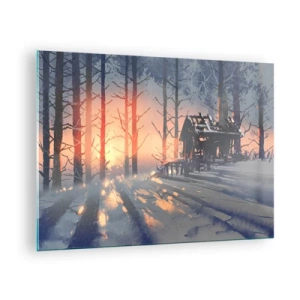 Glasbild - Bild auf glas - Winterwald bei Sonnenuntergang mit einem Häuschen im Hintergrund - 70x50cm - Hier sieht nur die Sonne rein - Moderne Wanddekoration für Wohnzimmer und Schlafzimmer ARTTOR