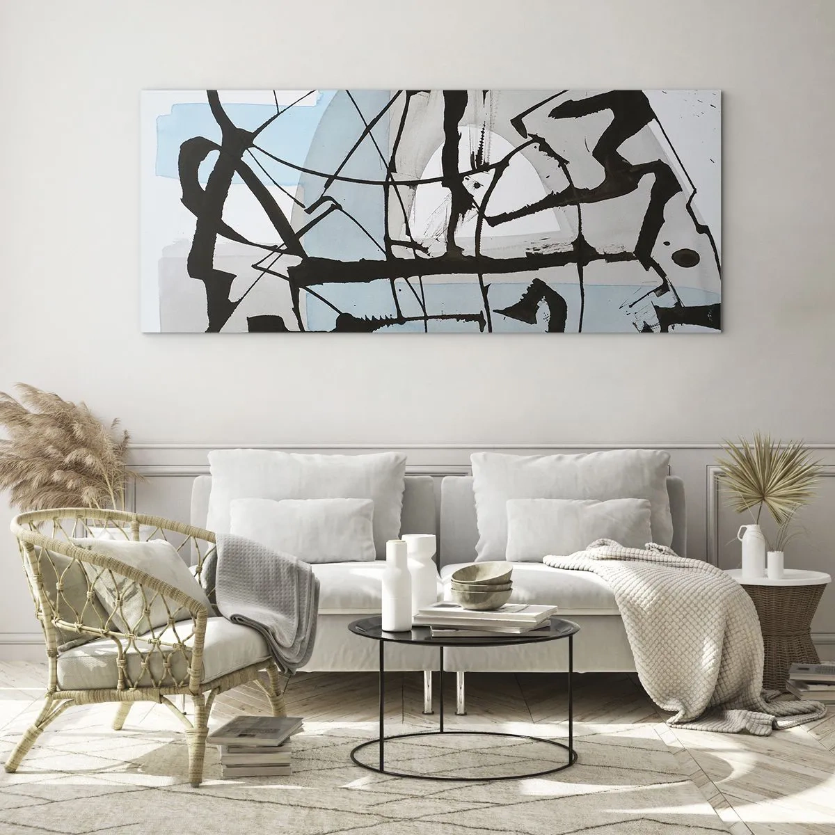 Glasbild - Bild auf glas - Abstrakte Linien und Formen in Blau und Schwarz - 120x50cm - Trotzdem blau - Moderne Wanddekoration für Wohnzimmer und Schlafzimmer ARTTOR