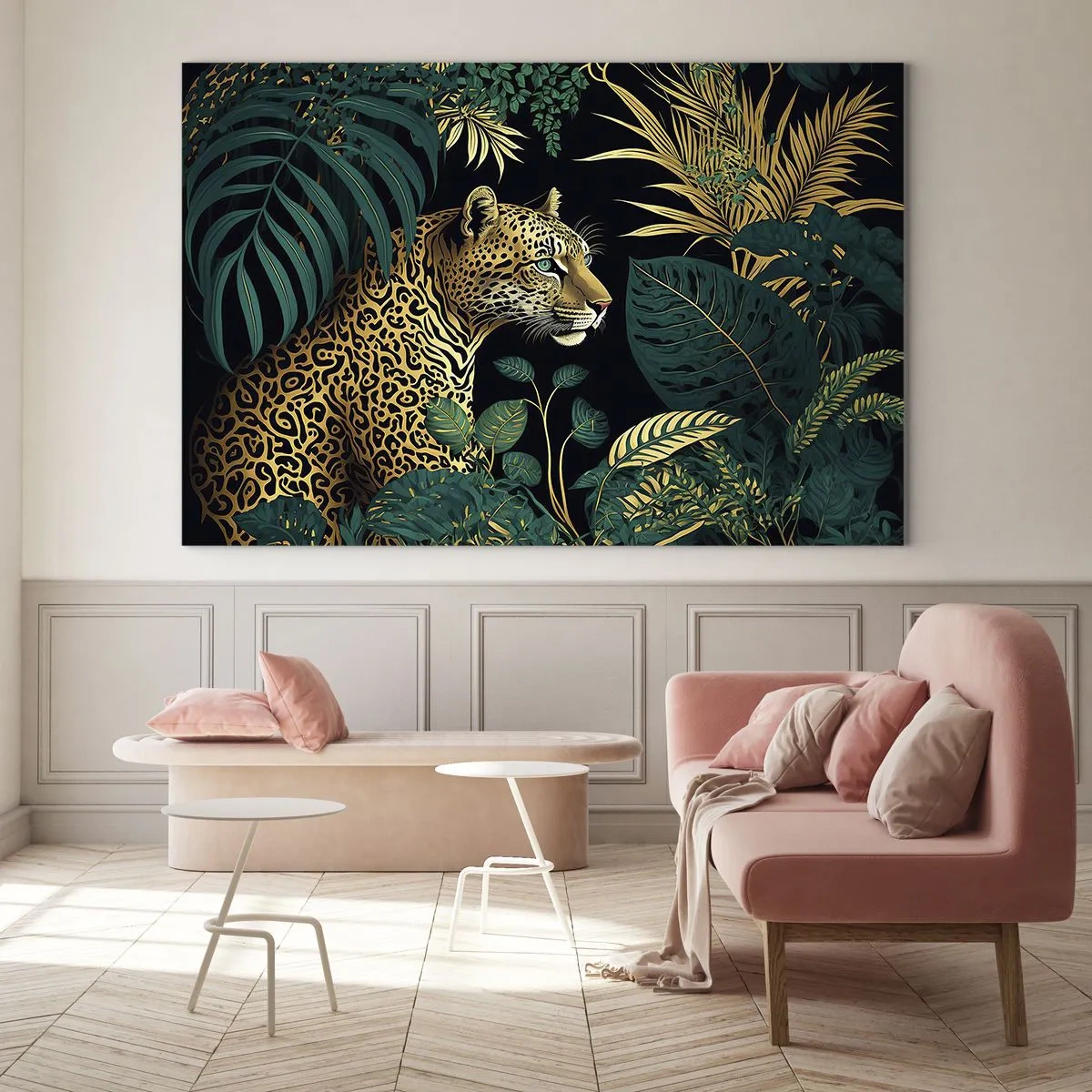 Glasbild - Bild auf glas - Ein Leopard zwischen tropischen Blättern auf dunklem Hintergrund - 70x50cm - Gastgeber im Dschungel - Moderne Wanddekoration für Wohnzimmer und Schlafzimmer ARTTOR