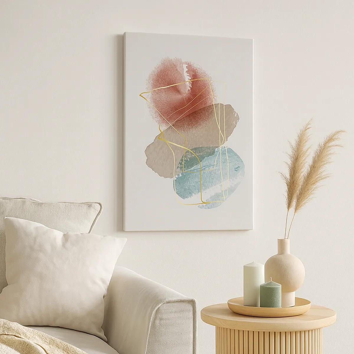 Bild auf Leinwand - Leinwandbild - Abstrakte Formen mit zarten Farben und goldenen Linien - 50x70cm - Korallen des Weltraums - Moderne Wanddekoration für Wohnzimmer und Schlafzimmer ARTTOR