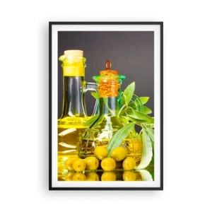 Poster in einem schwarzem Rahmen - Stillleben mit Oliven und Olivenöl - 61x91 cm