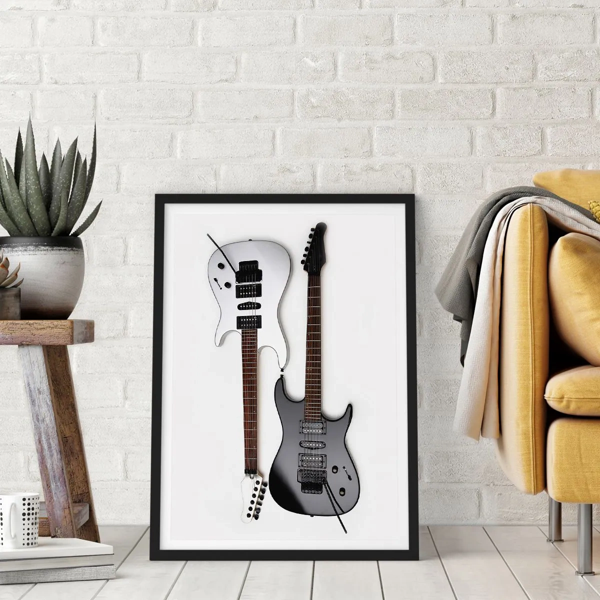 Poster in einem schwarzem Rahmen - Moderne E-Gitarren auf weißem Hintergrund - 50x70cm - Harmonie der Formen - Moderne Wanddekoration für Wohnzimmer und Schlafzimmer ARTTOR