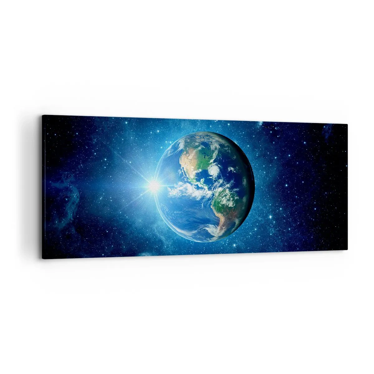 Bild auf Leinwand - Leinwandbild - Erde im Weltraum, umgeben von Sternen und Licht - 120x50cm - Wir sind im Himmel - Moderne Wanddekoration für Wohnzimmer und Schlafzimmer ARTTOR