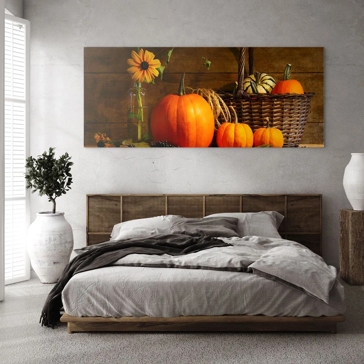 Glasbild - Bild auf glas - Herbstkomposition mit Kürbissen und Blumen auf Holzhintergrund - 160x50cm - Eine rustikale Komposition - Geschenke des Herbstes - Moderne Wanddekoration für Wohnzimmer und Schlafzimmer ARTTOR