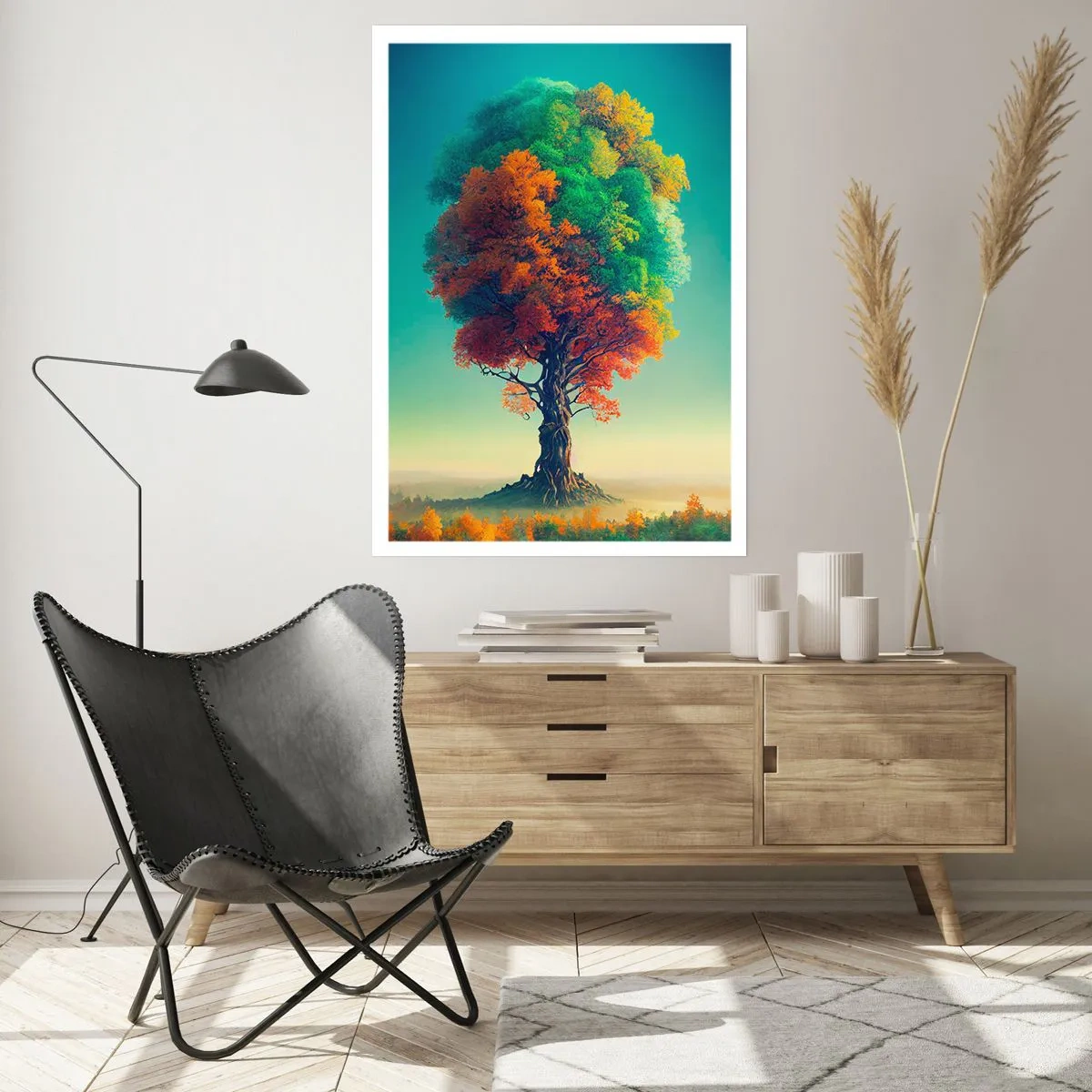 Poster - Ein Baum in den Farben der vier Jahreszeiten - 50x70cm - Eiche – der Vater der Natur - Moderne Wanddekoration für Wohnzimmer und Schlafzimmer ARTTOR