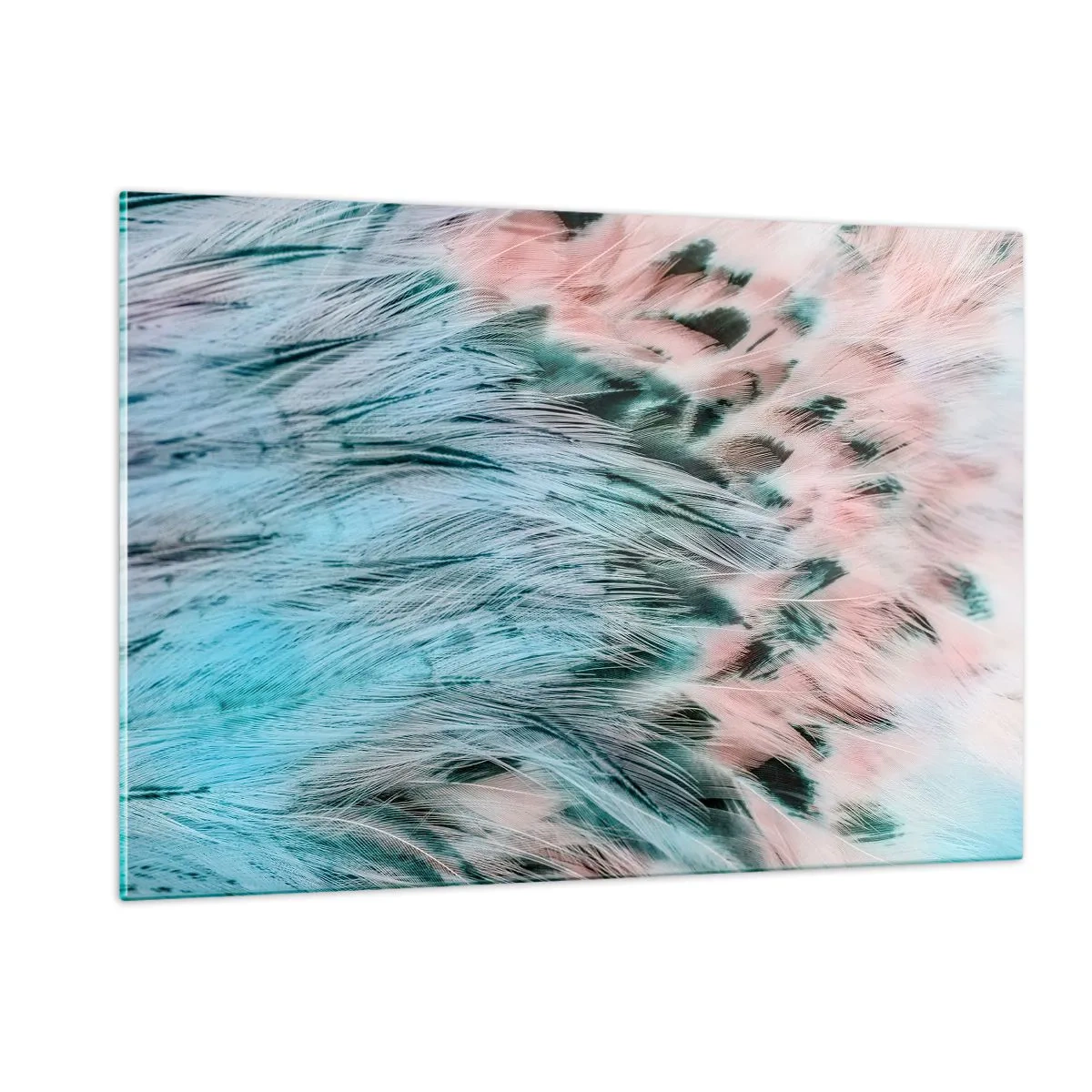 Glasbild - Bild auf glas - Nahaufnahme von Federn in Saphir-Rosa-Tönen - 120x80cm - Saphirrosa Daunen - Moderne Wanddekoration für Wohnzimmer und Schlafzimmer ARTTOR